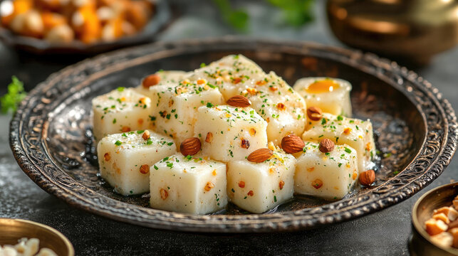 An artistic arrangement of mava sweets garnished with nuts