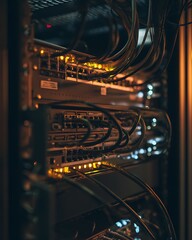 A server rack with illuminated lights and tangled cables. The environment suggests a data center or IT infrastructure setting. The cables are densely packed, and the lights indicate active servers.