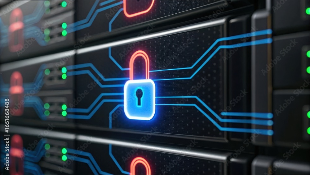 Poster secure banking data flow animation with lock technology