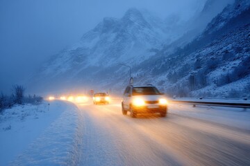 Snowy mountain road at twilight. Cars driving through a snowy landscape