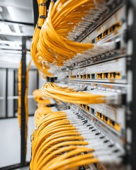 Server room with yellow cables connected to network switches. The cables are neatly organized and run along the wall, with a focus on the technical infrastructure of the room.