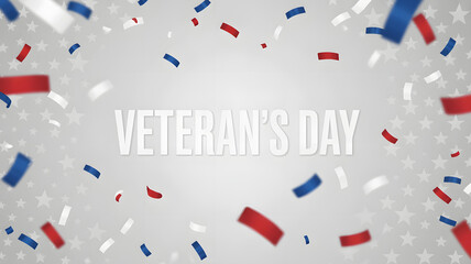 Veterans Day celebratory background with falling red, white, and blue confetti on a soft light grey textured backdrop, festive patriotic flat vector illustration symbolizing national pride