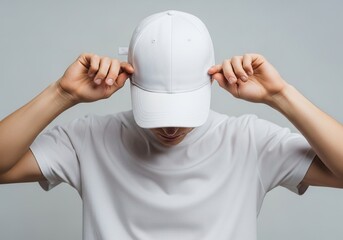 Cap Adjustment: A close-up shot of a person wearing a pristine white cap, meticulously adjusting it with their hands, showcasing a clean and modern aesthetic.