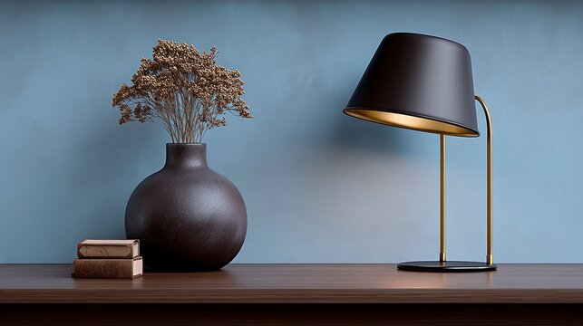 A modern black table lamp with gold interior sits next to a dark vase holding dried flowers and two old books