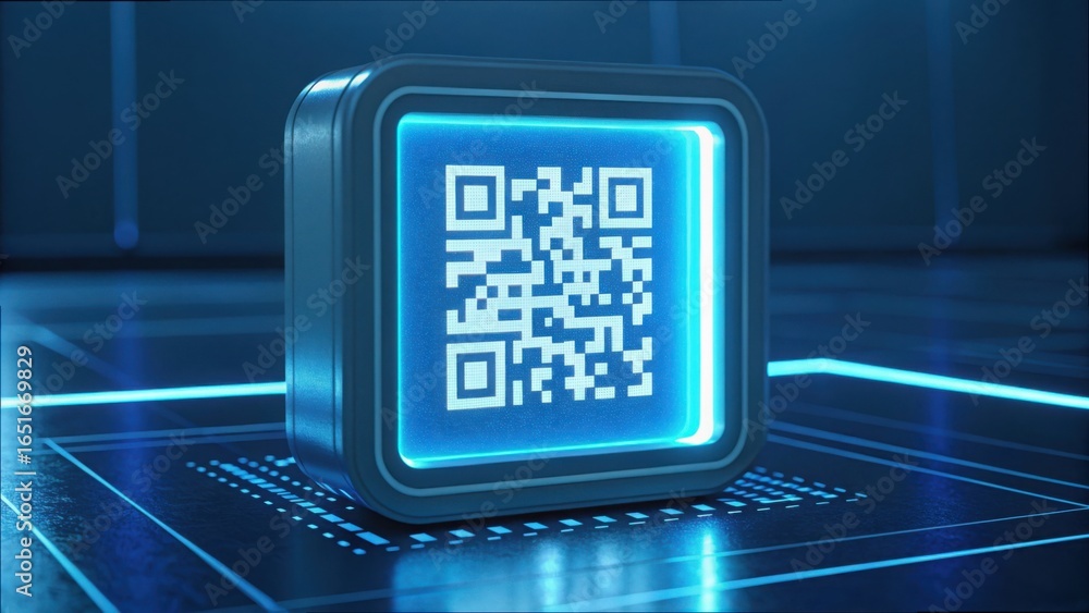 Poster glowing qr code on futuristic encrypted background in gigapixel style