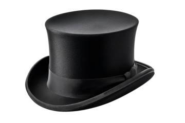   Set of Vintage Black Top Hats with Slightly Curved Brims, Angled Perspective, Transparent Background.