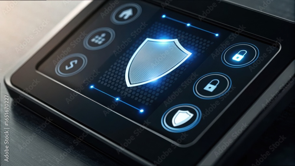 Poster secure transaction interface with shield icon and modern design