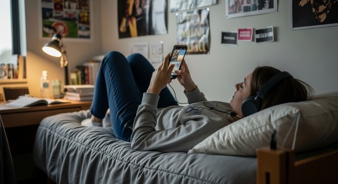 Woman student listening to music with headphones in dormitory room.