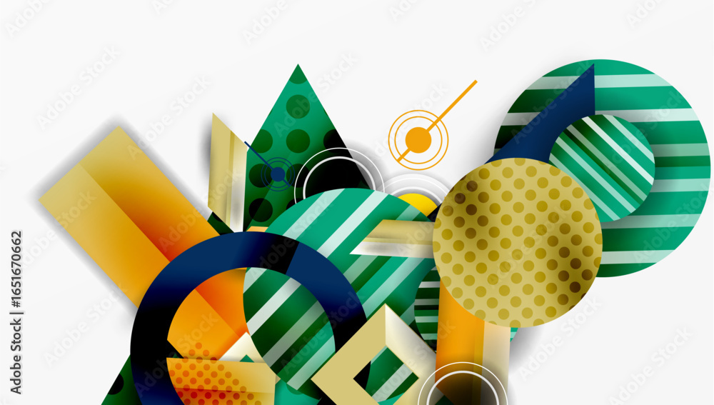 Poster abstract geometric shapes overlap. greens, yellows, oranges dominate composition. modern design elem