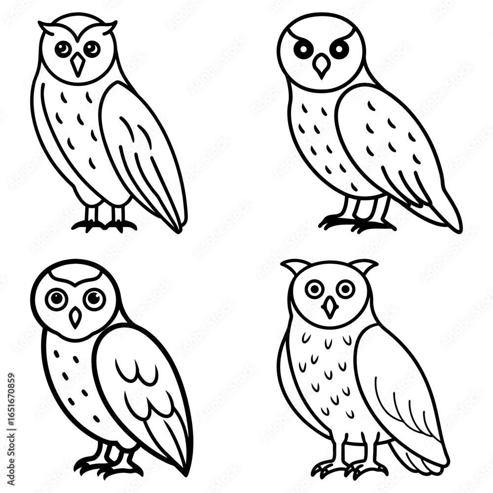 Poster four outlined owls in different styles standing on their feet and looking forward in a square arrang