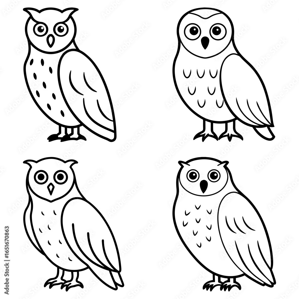 Poster four outlined owls with different feather patterns standing upright in a simple black and white draw