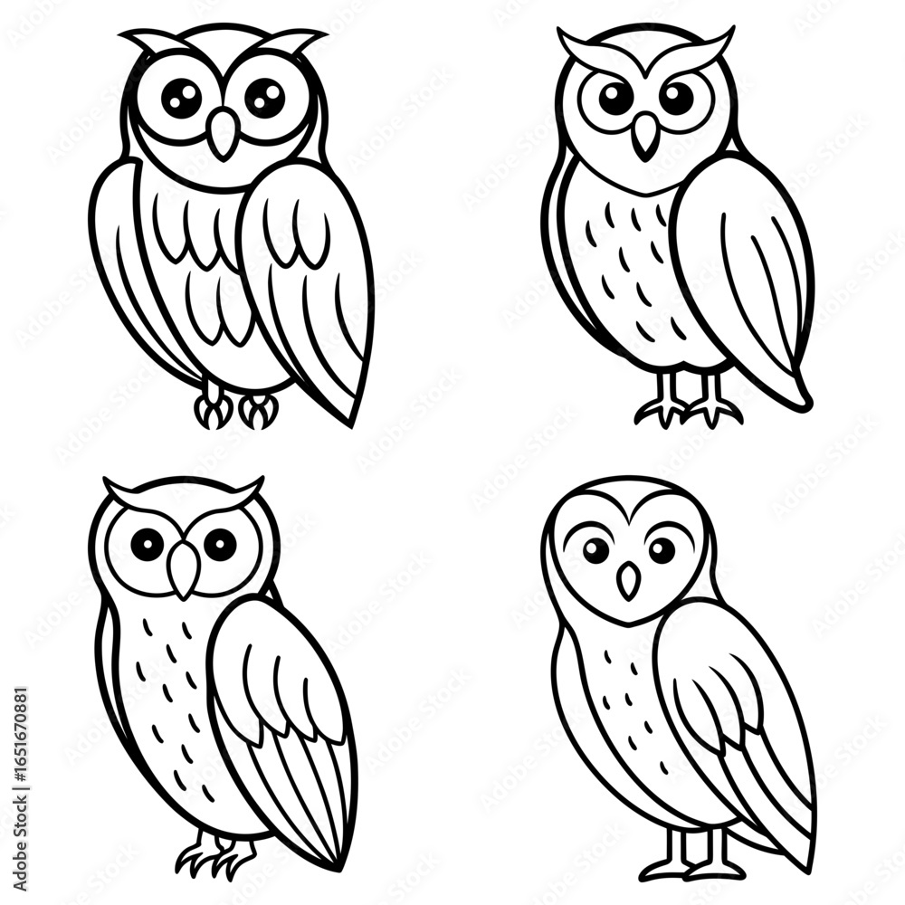 Poster four outlined owls in various poses with different feather patterns and facial expressions displayed