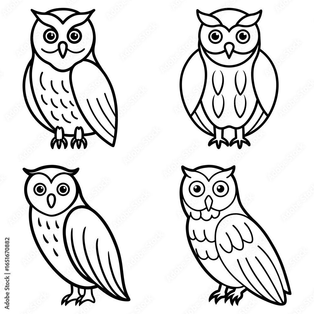 Poster four outlined owls in different poses with varied feather patterns on a white background image art