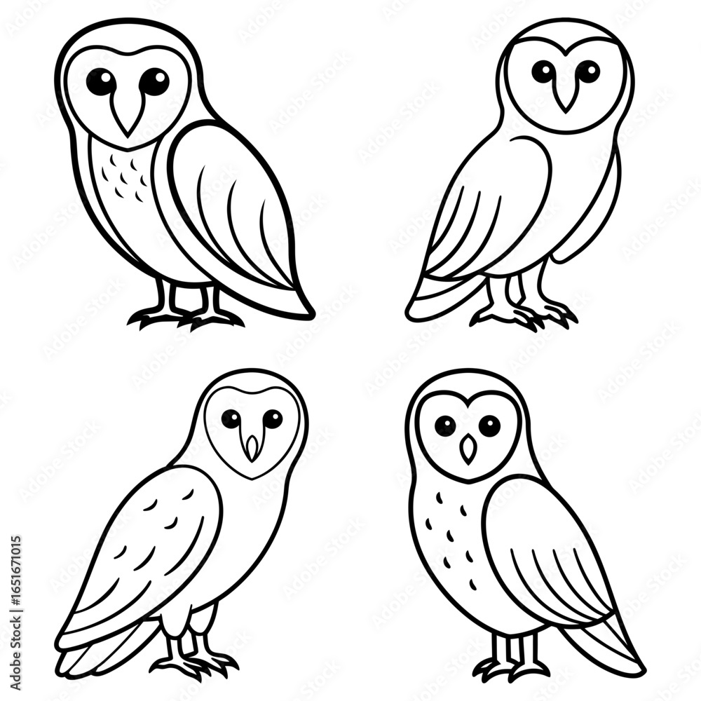Poster four outlined owls in various poses showcasing different feather patterns and facial expressions dra