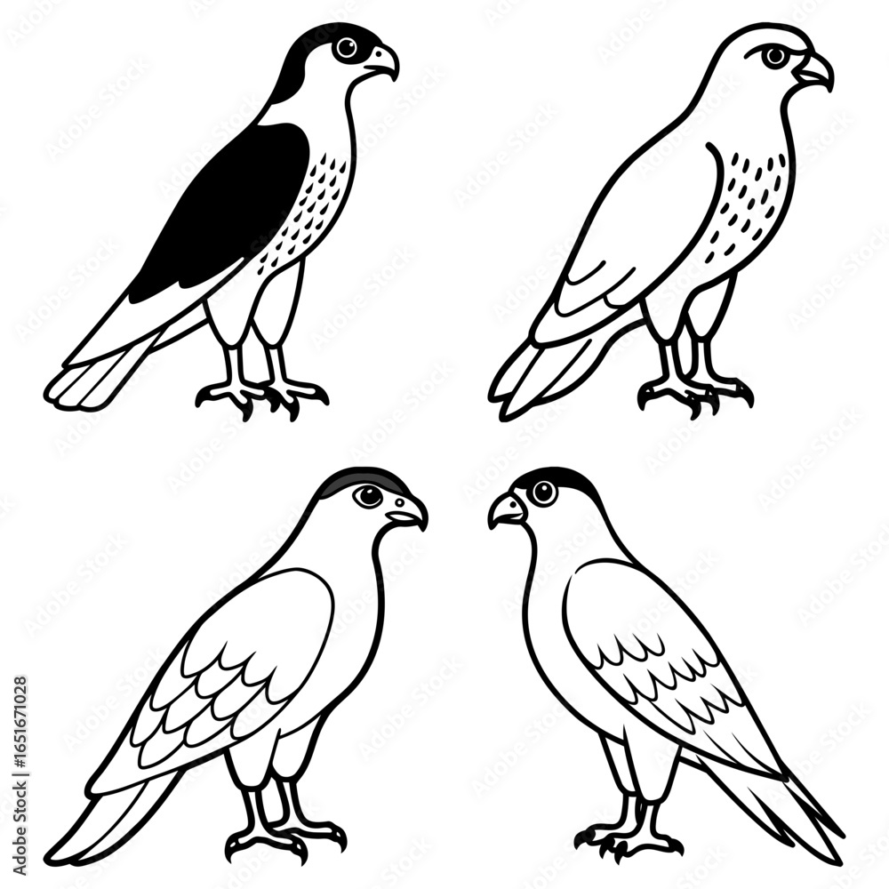 Poster four outlined birds of prey in various poses with different feather patterns and head markings desig