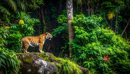 A majestic tiger stands alert on a mossy rock, amidst lush, vibrant tropical foliage