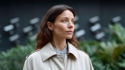 Fototapeta premium Middle aged woman with wavy brown hair looking thoughtfully into the distance wearing a light colored trench coat
