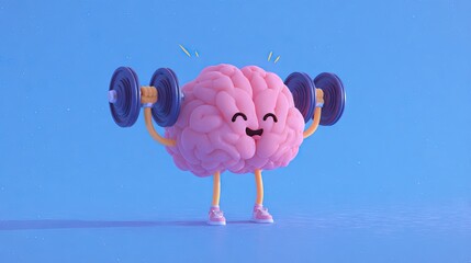 A brain character lifting weights, symbolizing mental exercise.