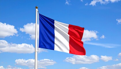 French Flag with Blue Sky, and Waving.