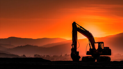 Excavator Silhouette at Sunset Over Mountains