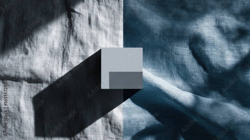 Aufkleber minimalist gray geometric object casting a sharp shadow on textured fabric backdrop in a soft, natur