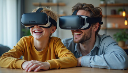 Father and son wearing VR headsets, laughing and enjoying virtual reality together in a cozy home setting