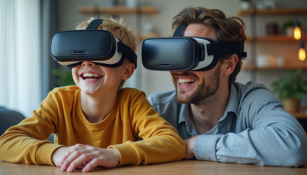 Father and son wearing VR headsets, laughing and enjoying virtual reality together in a cozy home setting