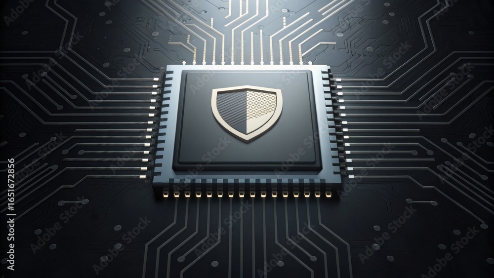 Poster integrated firewall symbol on microchip with circuit background