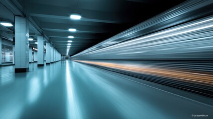 Fototapeta premium Blurred motion of a speeding train in a modern underground station with illuminated walls