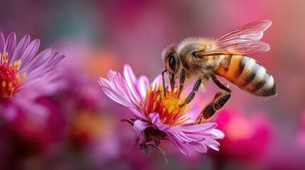 Close-up of a bee pollinating a vibrant pink flower in a colorful garden setting