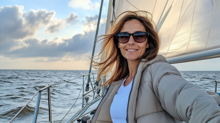 Smiling woman taking a selfie on a sailboat at sea. Captures freedom, adventure, and joyful travel experiences with a beautiful ocean backdrop