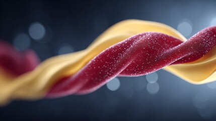 Abstract flowing red and yellow ribbons twisted together with shimmering particles against a dark bokeh background