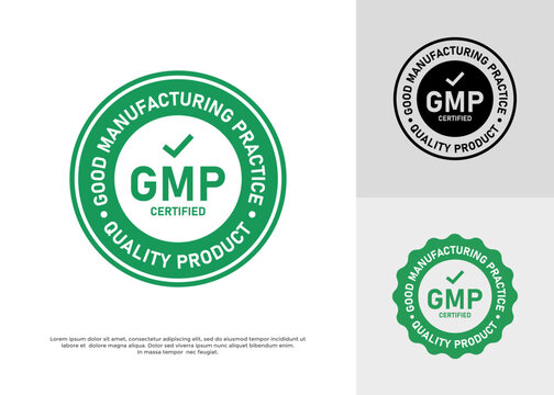 GMP and a checkmark within a green circular badge template. Suitable for use on product packaging, websites, and promotional materials in the food, pharmaceutical, and cosmetic industries 