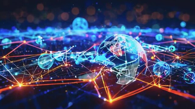 A digital representation of global communication networks, showcasing interconnected nodes and data flow, symbolizing worldwide connectivity and information exchange.