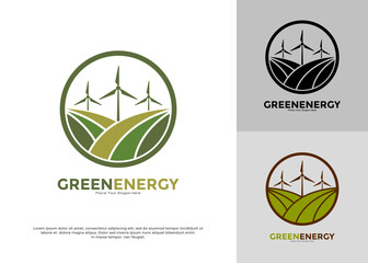 Green energy with wind turbines on rolling hills logo vector template. Suitable for companies in the renewable energy sector, organizations promoting eco-friendly practices and clean technology