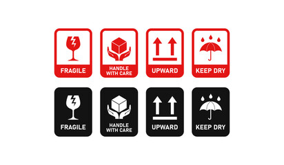 Fragile (broken glass), Handle with Care (hands holding a box), Upward (arrows pointing up) icons set, and Keep Dry (umbrella with raindrops). For handling packages delivery and transportation