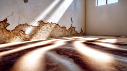 Empty room interior with sunlight casting shadows on cracked wall and wooden floor