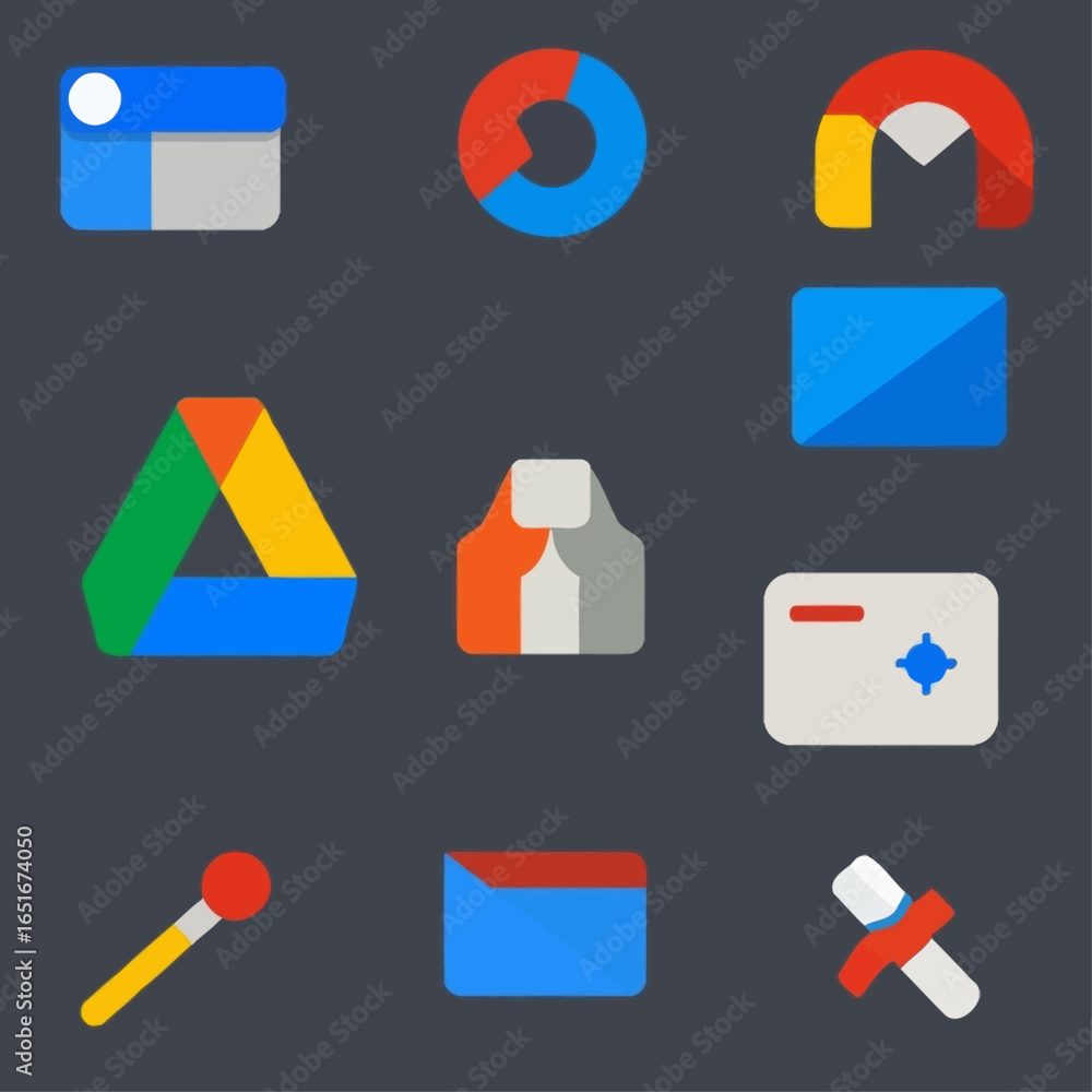 Poster a grid of nine minimalist, flat design icons featuring various abstract shapes and common applicatio