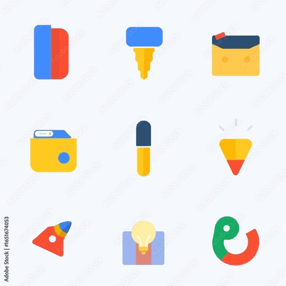 Fototapete collection of nine colorful flat design icons representing various concepts and objects.