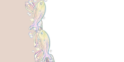 Watercolor square frame made of various seashells, conch, starfish, pearl, oceanic decor. Hand drawn illustration isolated. Template with a marine theme. Empty space for insertion. Copy space for text