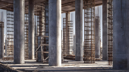 Fototapeta premium Grey Concrete Pillars and Rusty Steel Framework of Unfinished Building