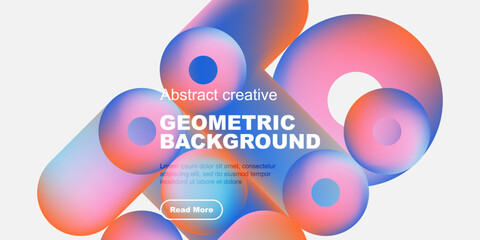 Obraz premium Abstract geometric shapes, vibrant colors, modern design. Text overlay presents title, sample text, call to action button. Clean aesthetic.