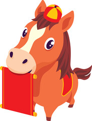 Chinese New Year 2026. Year of the Horse. Cartoon Horse with Empty Chinese Scroll Illustration
