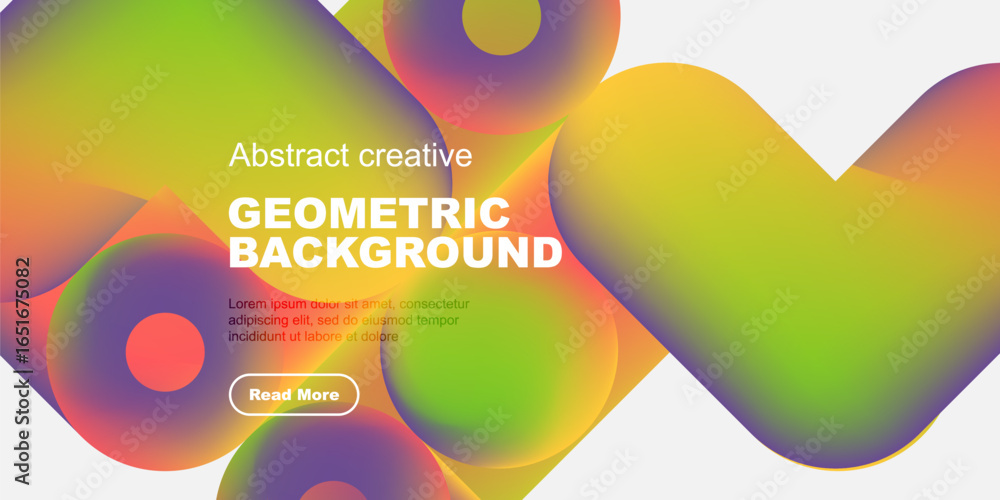 Poster vibrant fluid shapes overlap, creating dynamic geometric background. text present with call to actio