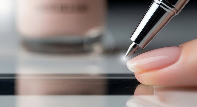 Close-up shot of a manicurist applying nail polish with a precise pen-like tool onto a neutral-toned nail; a mockup showcasing