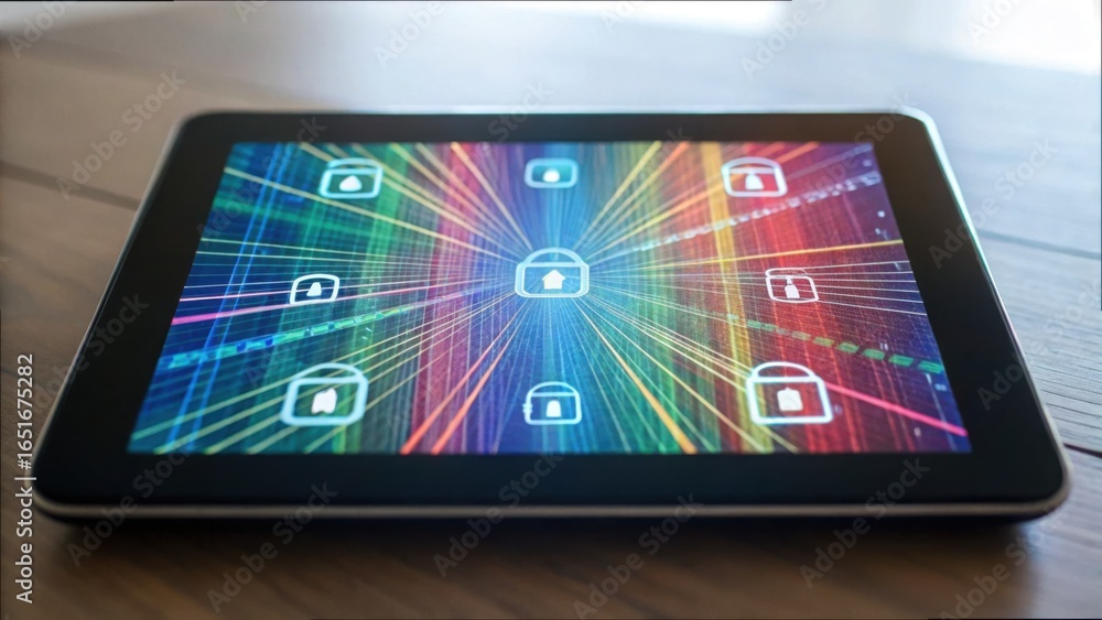 Poster colorful device displaying multilayered encryption technology concept