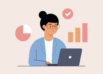 Businesswoman Analyzing Data with Laptop and Charts for Strategic Planning and Success