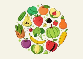 Colorful Assortment of Fresh Fruits and Vegetables in a Circular Composition Design