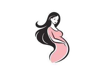 Elegant Silhouette of a Pregnant Woman in a Pink Dress with Flowing Black Hair