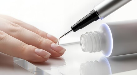 Close-up studio shot of a manicurist applying nail polish to a woman's fingernail using a mockup nail polish applicator, clean